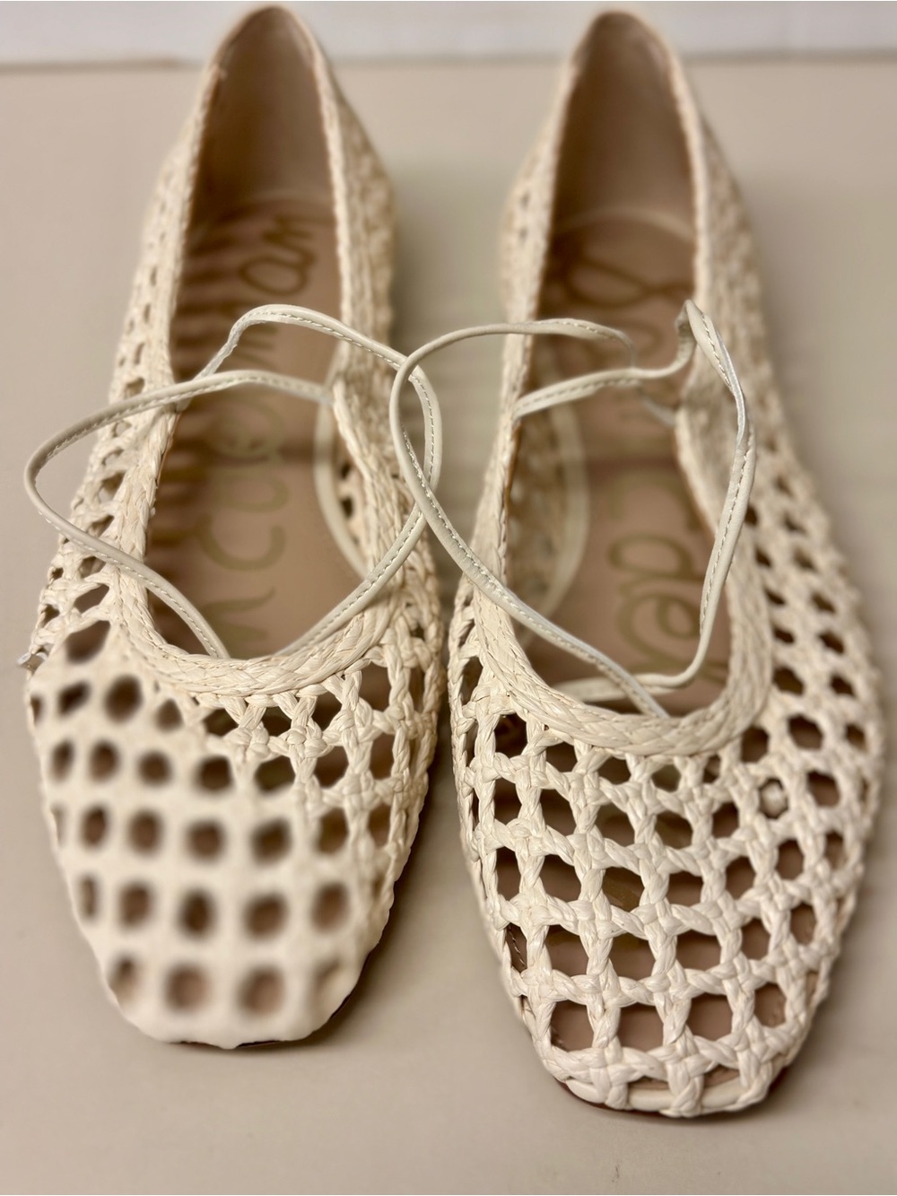 Sam Edelman Ivory Crochet Ballet Flats with Ankle Tie